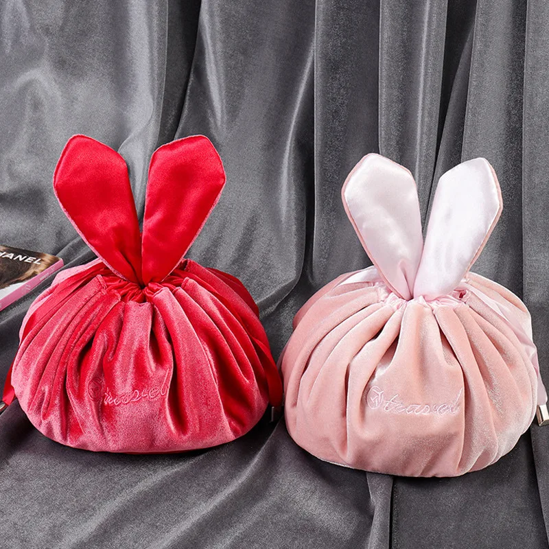 Cosmetic Bag Round Velvet Soft Makeup Bag Drawstring Rabbit Ear Travel Make Up Organizer Female Storage Toiletry Beauty Kit Case