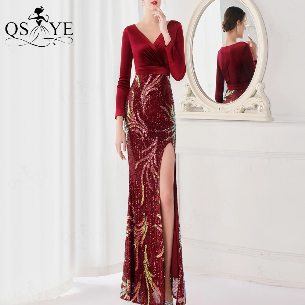 

Burgundy Velvet Evening Dresses Mermaid Colorful Sequin Prom Gown Elegant V Neck Split Long Sleeves Red Party Formal Dress Chic