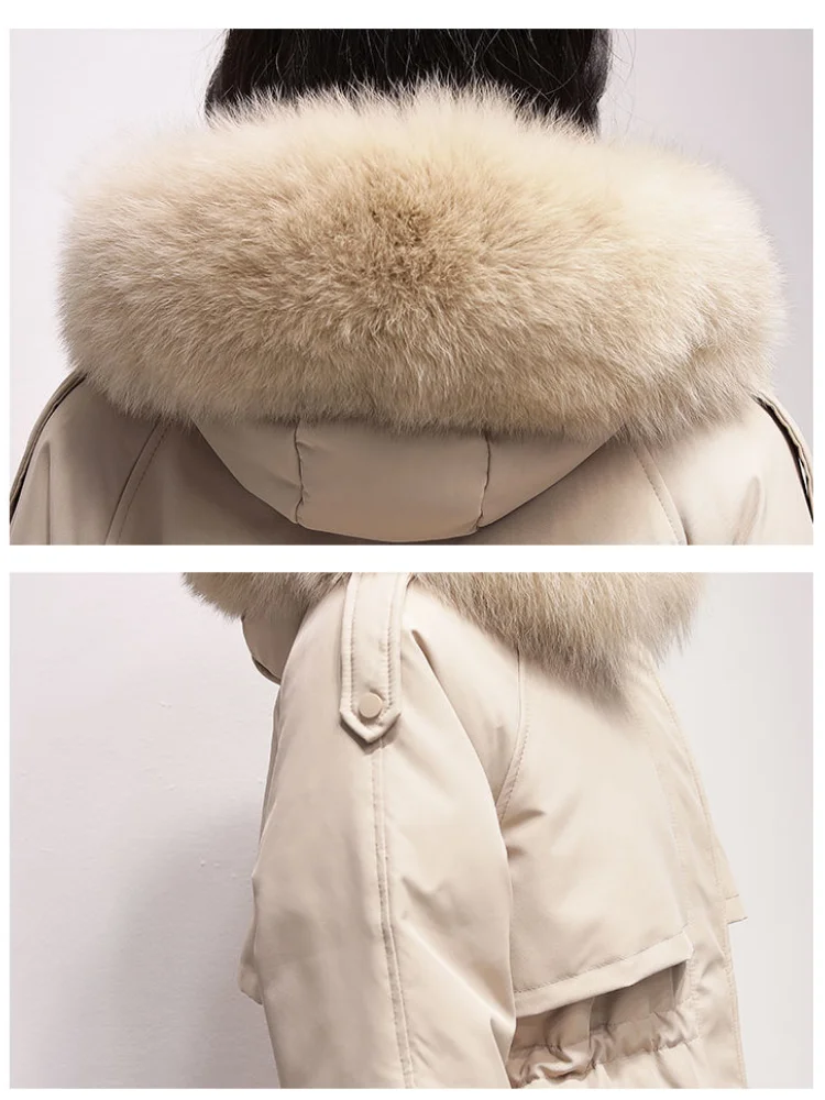 Women's Winter White Duck Down Fox Fur Collar Parker Down Jacket 2021 New Solid Color Chic Mid-length Korean Loose Warm Coat 112