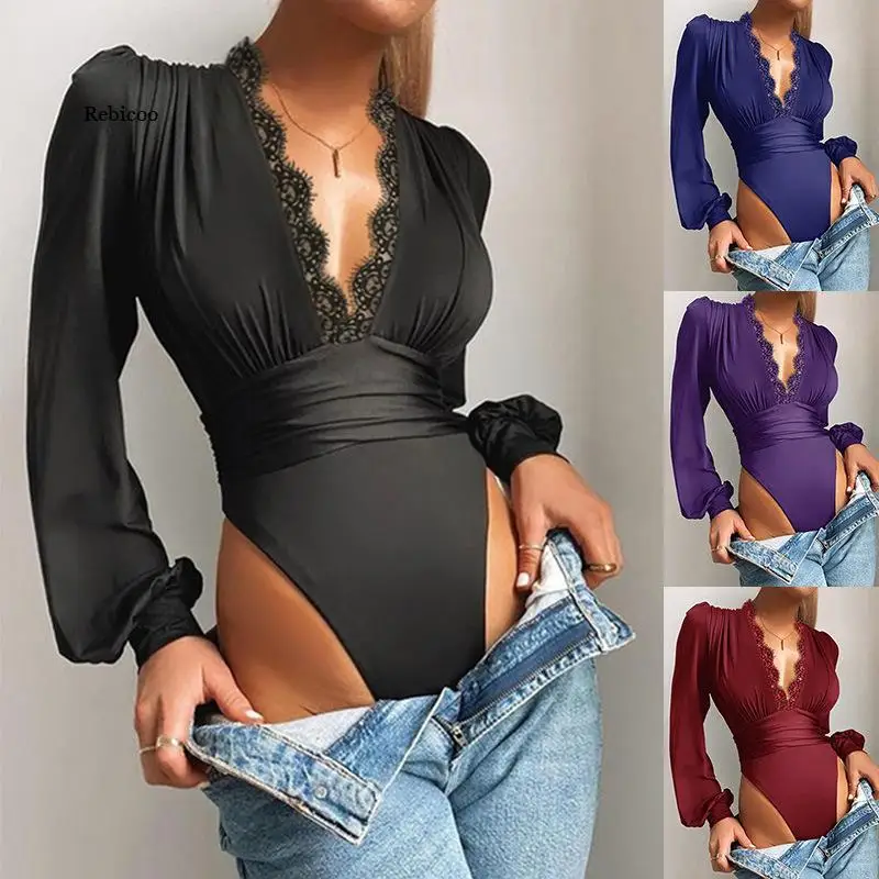 

Sexy Lace Embroidery Bodysuit Women Elegant Fashion Lace V Neck Bodysuits Long Sleeve Skinny Jumpsuits