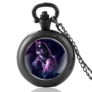 Unique Starry Sky Horse Design Black Vintage Quartz Pocket Watch Pendant Clock Watch Men Women Charm Necklace Best Gifts