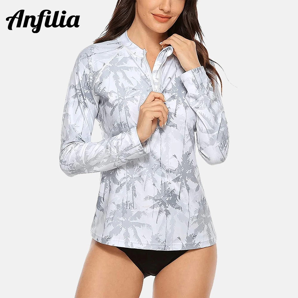 Anfilia Women\'s Rashguard Long Sleeves Zip Front Sun Protection Swimming Shirt UPF 50+ Surfing Top