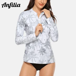 Anfilia Women's Rashguard Long Sleeves Zip Front Sun Protection Swimming Shirt UPF 50+ Surfing Top