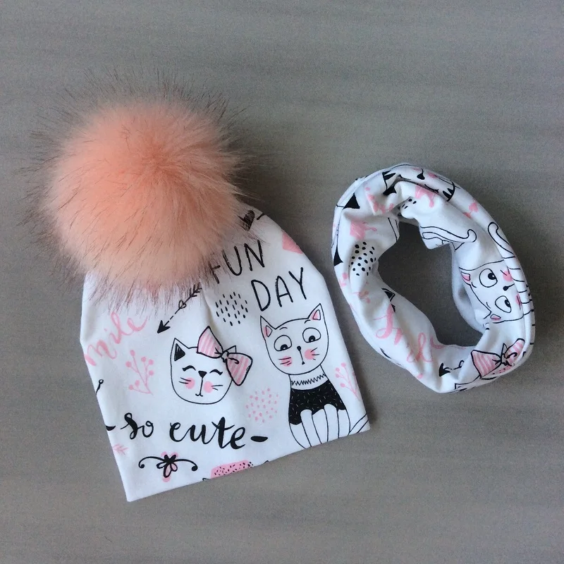 Baby Girls Hat Scarf Cotton Cartoon Printing Hat With Pompon For Girls Winter Children Cap Faux Fur Baby Hat Bonnet