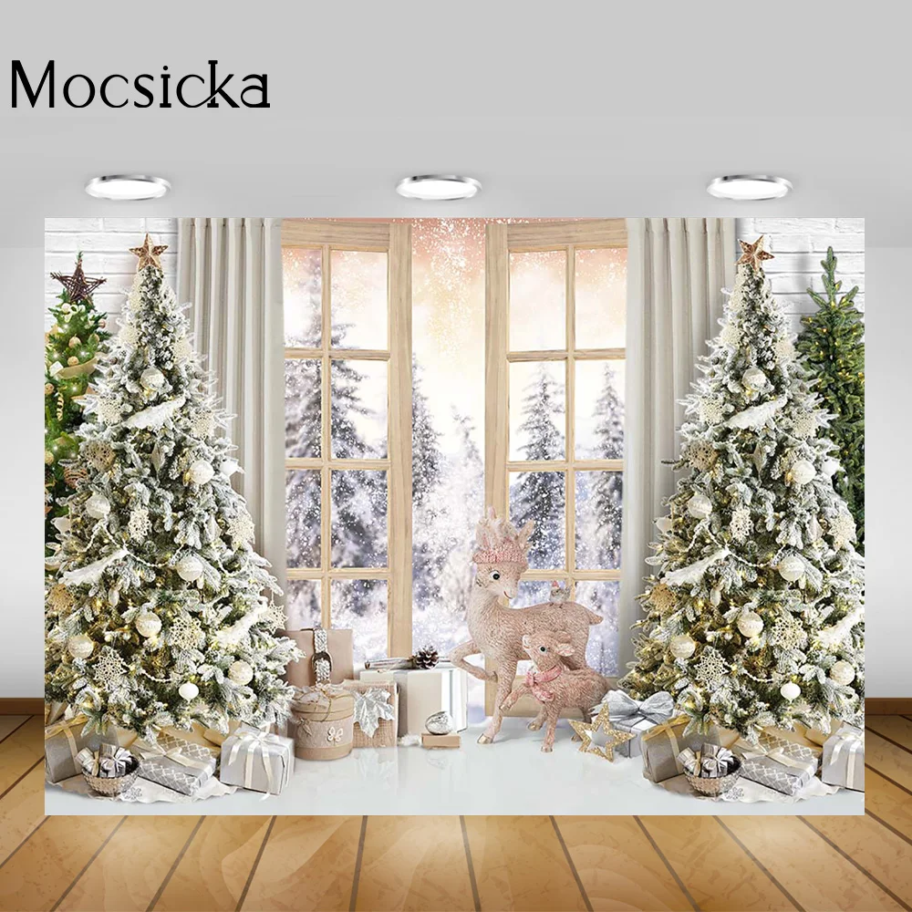 Xmas Window Kids Cake Smash Background Photocall Christmas Tree Winter White Pine Forest Backdrop Adult Birthday Portrait Studio