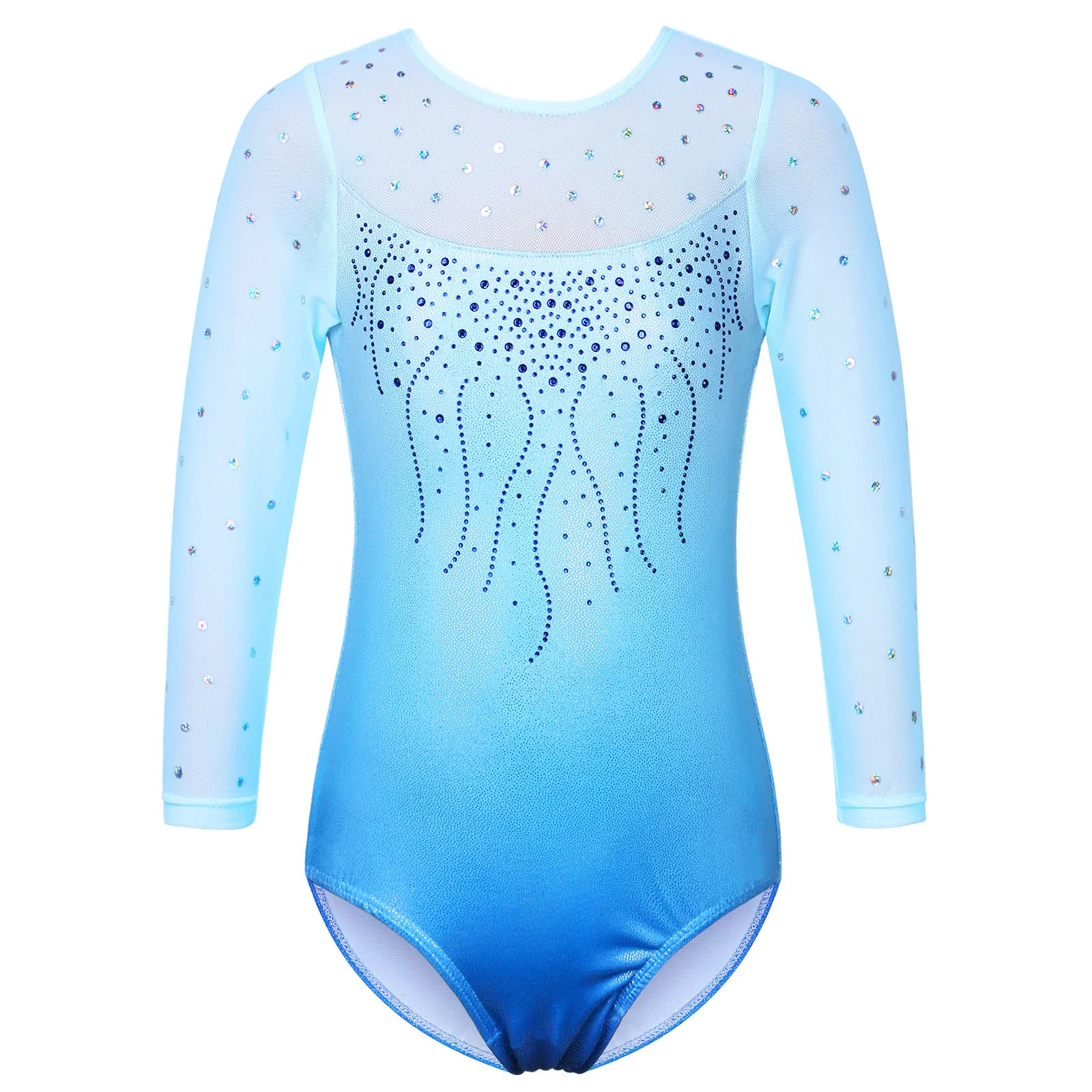 BAOHULU Leotardos de gimnasia para niñas pequeñas, traje de baile empalmado en cuclilla brillante, mono de práctica de Ballet azul degradado Atlético