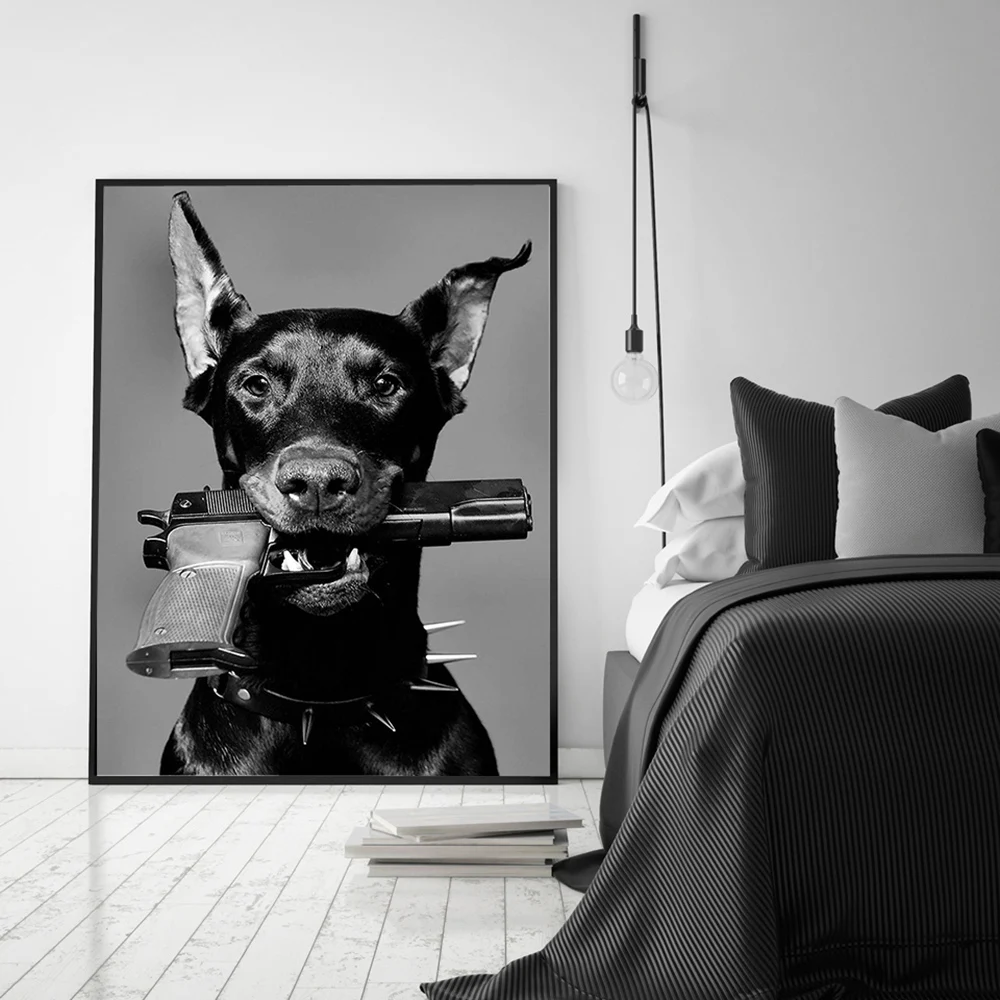 Hypebeast Modern Black White Doberman Gun Luxury Fashion Poster Prints Canvas Painting Wall Art Picture Nordic Room Home Decor