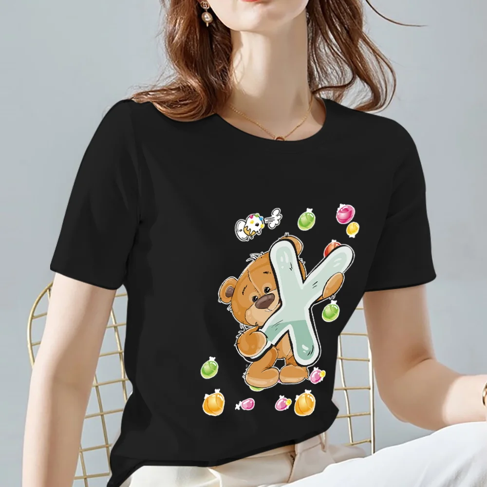 Casual T-shirt Commuter Women's Clothing Basic Teddy Bear X Initial Name Printed Pattern O Neck Short Sleeve Black XXS－XXXL Top