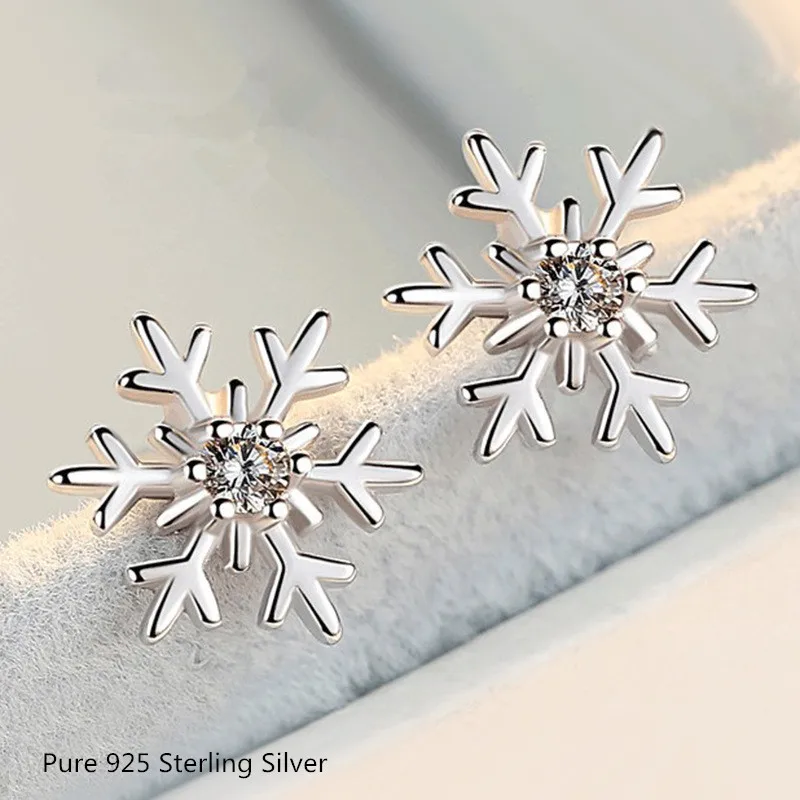 Buyee 925 Sterling Silver Sweet Stud Earring Snowflake White Zircon Earring for Women Girl Fashion Party Fine Jewelry Earring