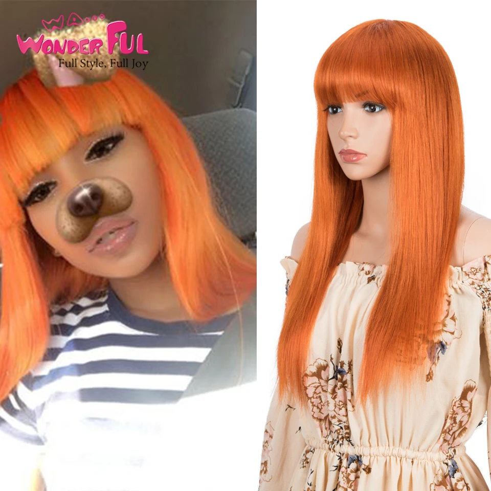 Wonderful Human Hair Wigs  Orange Straight Hair Wigs With Bangs For Women Colored Brazilian Hair Natural Cosplay Bob Wig