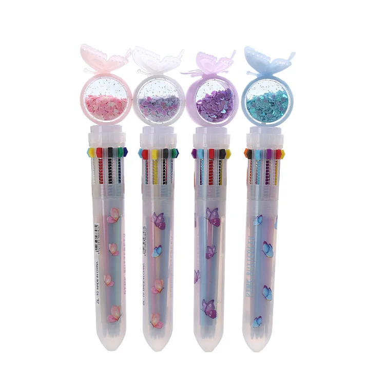 1 piece Butterfly sequined ten-color ballpoint pen cute student pen multicolor pen. Random color