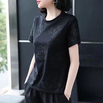 Black Shirt Women Basic Tshirt Cotton High quality Rose Embroidery Plus Size T Shirt Short sleeve Summer Ladies Tops Casual