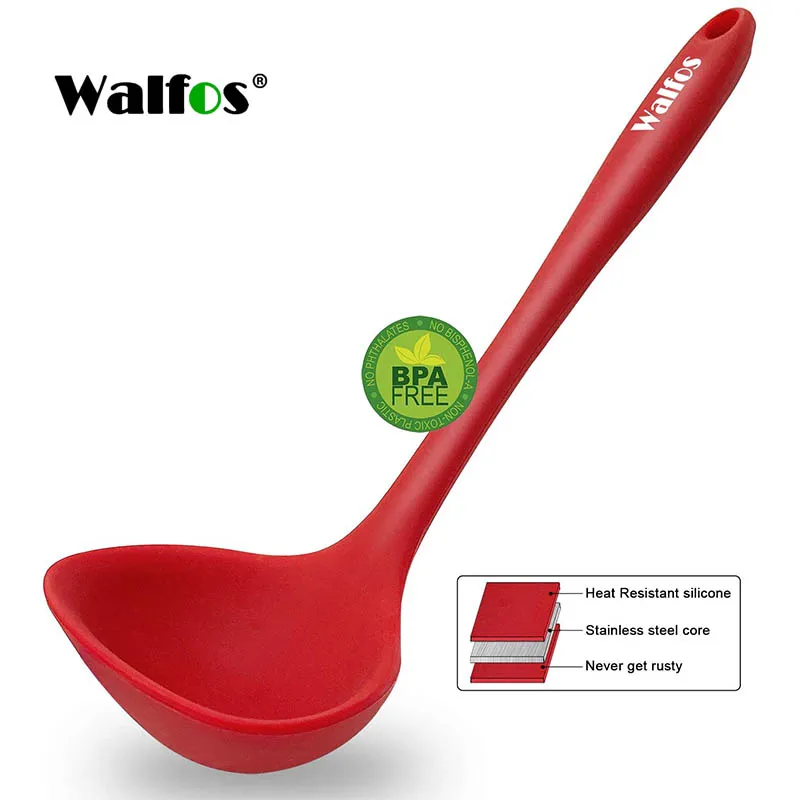 WALFOS 1Pcs Non-Stick Silicone Soup Spoon Long Handle Porridge Spoon Ladle Tableware Meal Dinner Scoops Kitchen Cooking Tools