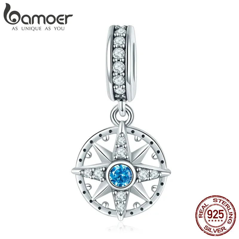 BAMOER 925 Sterling Silver Sparkling Nautical Compass Star Clear CZ Pendant Charms Fit Bracelets & Necklaces DIY Jewelry SCC847