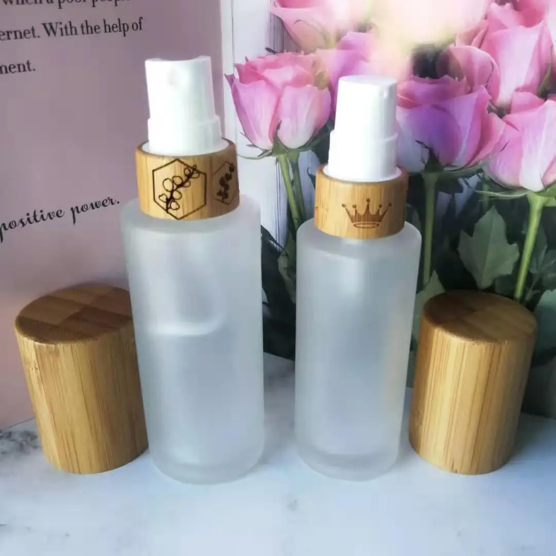 

Cosmetic refillable lotion frosted glass bottle serum 30ml perfume women bottle with bamboo pump cap glass dropper bottle 1 oz