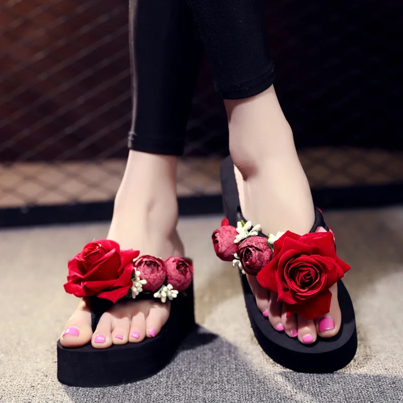 5cm High Heel Women\'s Summer Flowers Beach Shoes Fashion Clip Foot Wedge Heel Thick Platform Cute Sandals and Slippers Shoes