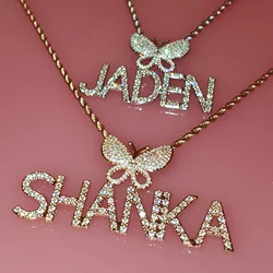 Icy Butterfly necklace with Custom Name Plate Bling Letters Necklace Personalized Name Jewelry Personalised Gifts for Her