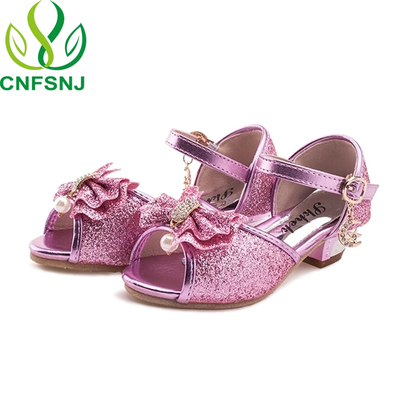 CNFSNJ Children Sandals For Girls High Heels Hot Sale New Children Shoes Baby Pink Gold SIlver Shoes Student Flower 26-37