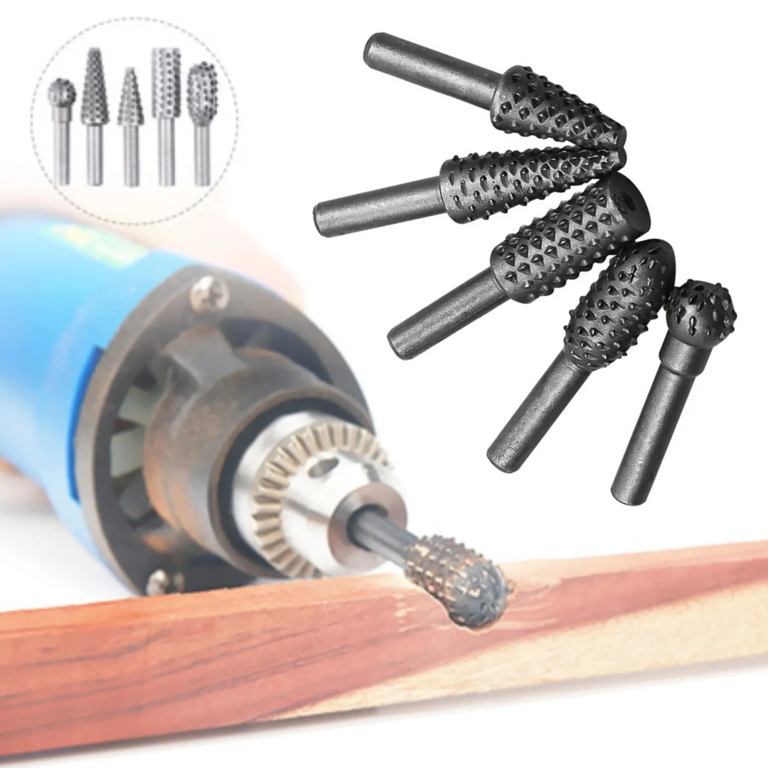 5pcs Carpintaria Aço Rotary Rasp Arquivo 1/4 "Shank Rotor Craft Files Rasp Burrs Madeira Bits Moagem Poder Escultura Ferramenta Mão