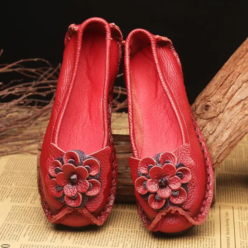 Ethnic Bloom Flower Flat Shoes Women\'s Genuine Leather Moccasins Nurse Shoes Handmade Sewing Women Flats Vintage Ladies Loafers