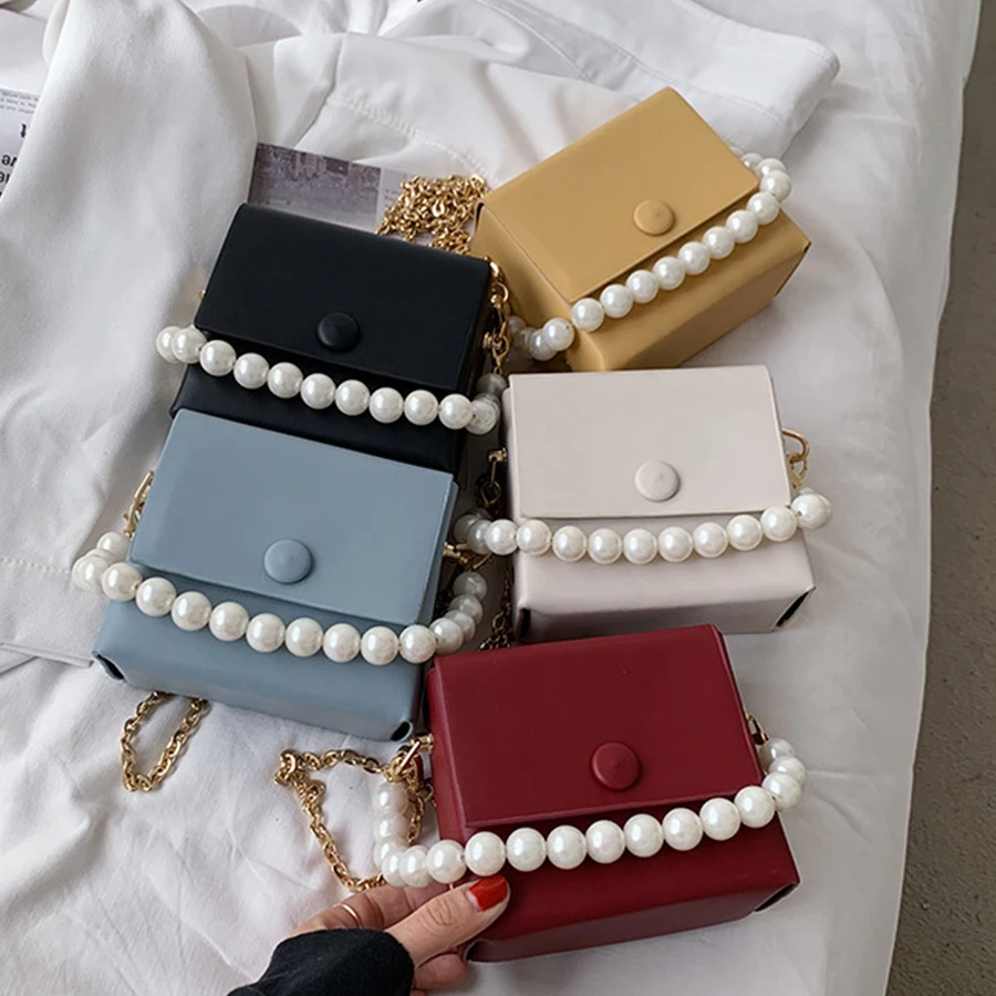 

Pearl Metal Chain Handbag Solid Square Shoulder Bags Mini Fashion Retro Crossbody Bag PU Leather Box Purse Luxury Clutch Bag