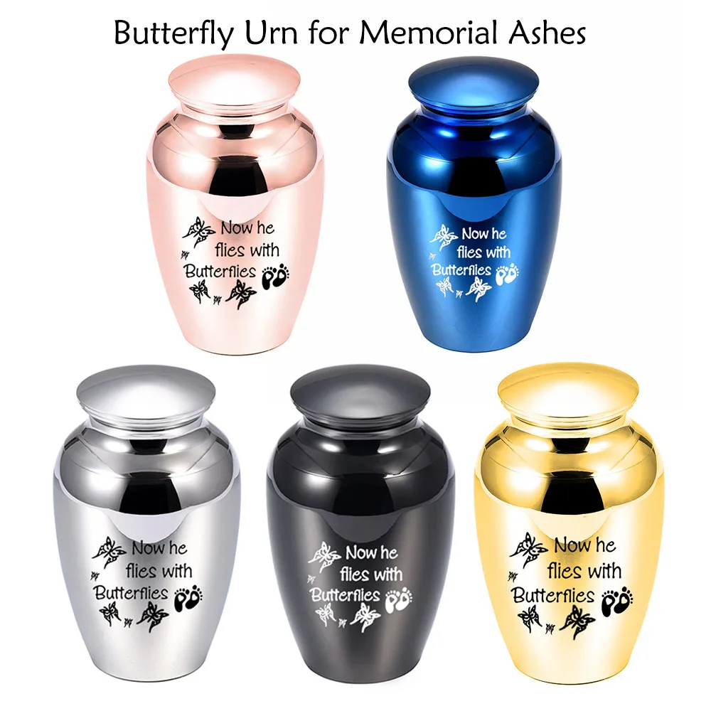 Now he flies with Butterflies Butterfly Funeral Urn Memorials Human/Pet Cremation Ashes Keepsake Urns Small 45*70mm