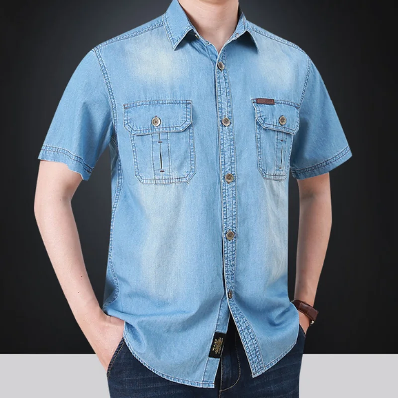 Casual Pockets Shirt Men Slim Jeans Tee Shirts Men Summer Tops High Quality Men\'s Denim Shirts Short Sleeve Thin Cotton  MY422