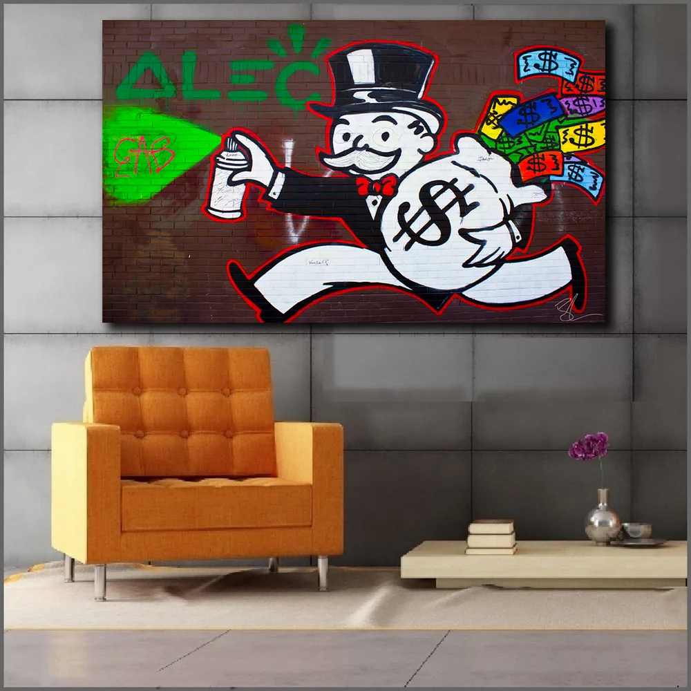 Monopolyingly Art Canvas Painting Street Artist Scrooge Mcduck Dollar Sign Statue Poster Wall Picture for Living Room Frame