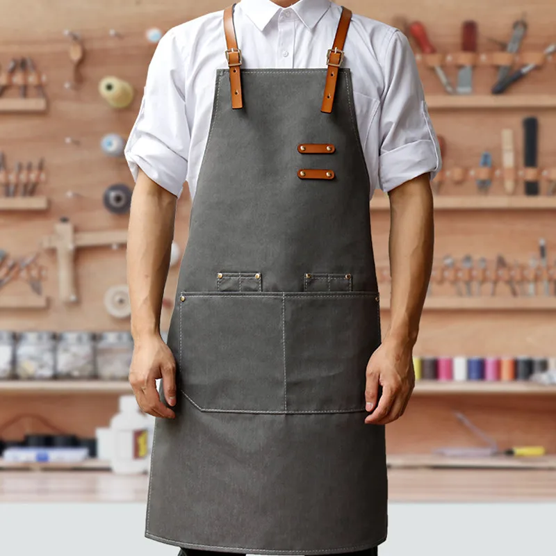 

Gray Denim Apron Cowhide Leather Strap Barista Mixologist Pastry Chef Uniform Barber Hairdresser Florist Artist Work Wear B82