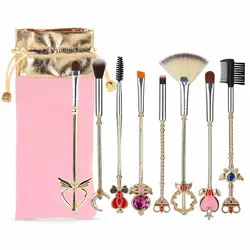 RONSLORE 8pcs Sailor Moon Makeup Brush Set With Pouch Magical Girl Gold Cardcaptor Sakura Cosmetic Brushes With Cute Pink Bag