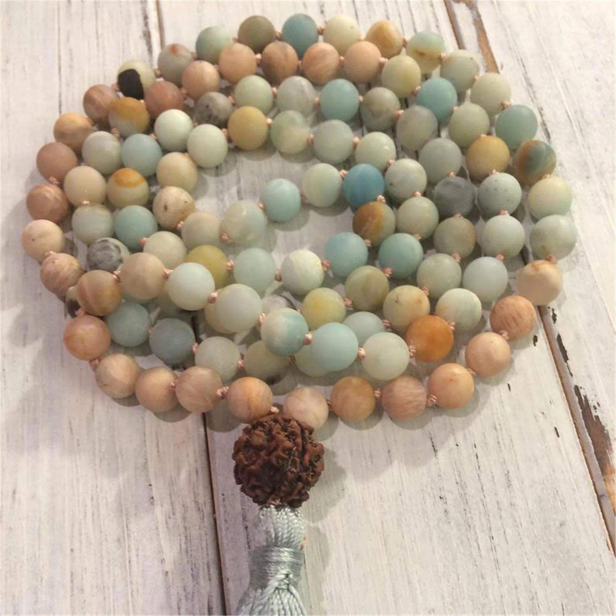 8mm Natural Frosted Amazonite Gemstone 108 Beads Mala Necklace Healing Pray Yoga Cuff Mala Spirituality Handcrafted Yoga Mala