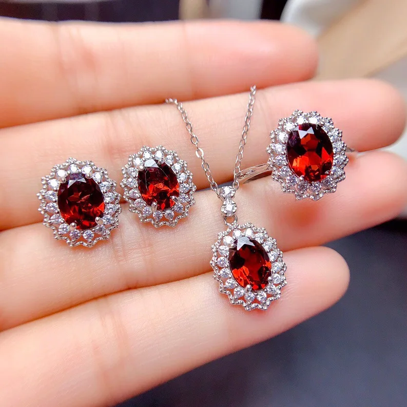 Princess Diana Red Garnet Jewelry set 925 Sterling Silver Party Wedding Rings Earrings Necklace For Women Bridal Jewelry