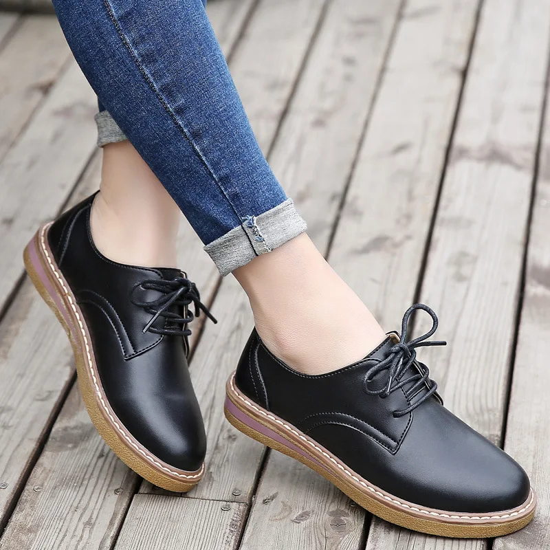 Women Flats New British Style Oxford Shoes Women Casual Lace Up Genuine Leather Flats Shoes Female Sneakers Ladies Shoes