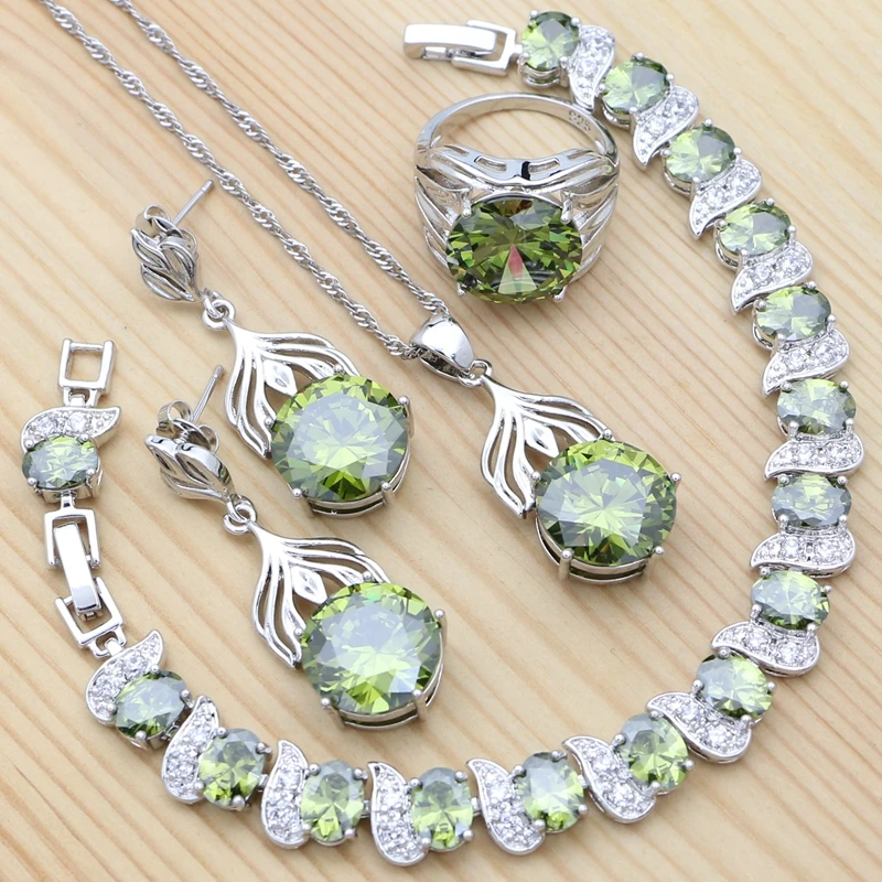 925 Silver Jewelry Set for Women Round Olive Green Cubic Zirconia Earrings Pendant Necklace Ring Bracelet Anniversary Gift