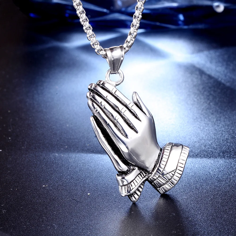 New Trendy Praying Hands Pendant Necklace Men\'s Necklace Fashion Metal Religious Amulet Pendant Accessories Party Jewelry