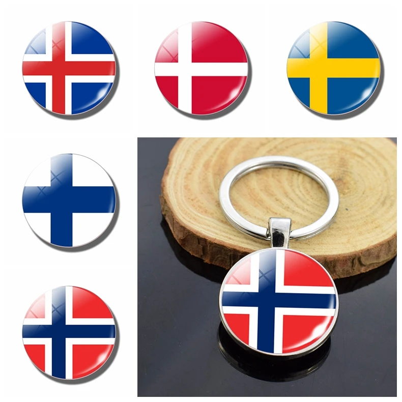 Nordic Countries National Flag Key Chains Denmark Sweden Norway Finland Iceland Flag Double Side Glass Cabochon Keyring Pendant