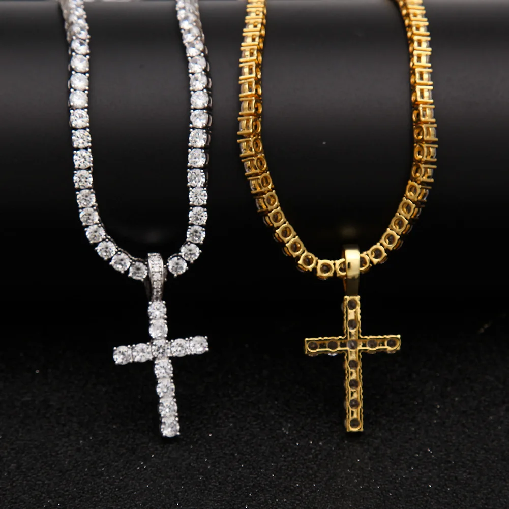 DOREMI  4mm Tennis Chain Zircon Tennis Cross Necklaces & Pendant For Men/Women Gold Silver Color Fashion Hip Hop Jewelry