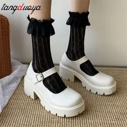 Białe buty Lolita Kobiety Japońskie buty Mary Jane Kobiety Vintage Dziewczyny Studenci JK Uniform Wysoki obcas Platforma Buty Cosplay 43