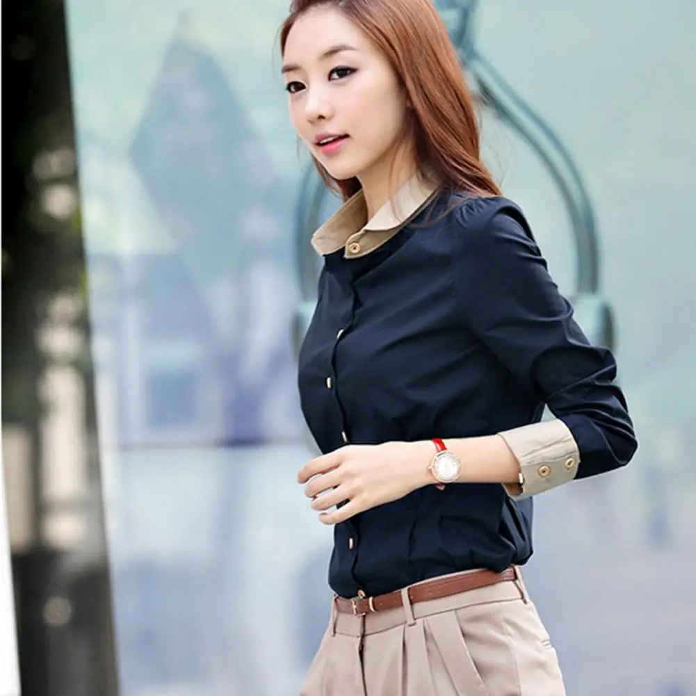 Office Blouses Elegant Tight Blue Solid Color Shirt Buttons Long Sleeve Woman Female Top Clothing Hot Sale Cheap Wholesale New