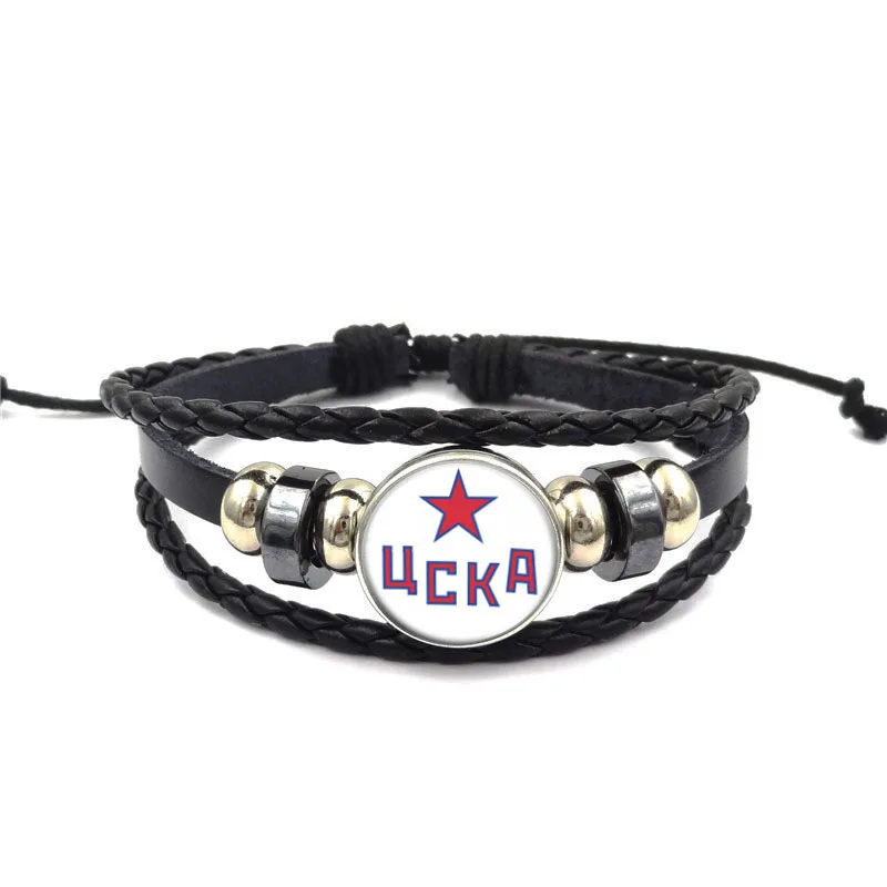 Multi Strati Bracciali in Pelle Nera per Le Donne Degli Uomini Cska Mosca Khl Russa Hockeyer con Bottone a Pressione Distintivo Pendenti E Ciondoli Bracciali