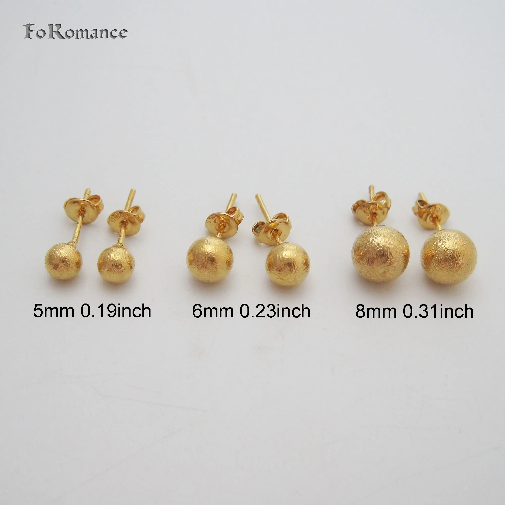 Foromance FULL SCRUB SURFACE BALL SHAPED 3 SIZES AVAILABLE YELLOW GOLD PLATED STUD EARRING ONE PAIR SHINING FACE GREAT GIFT