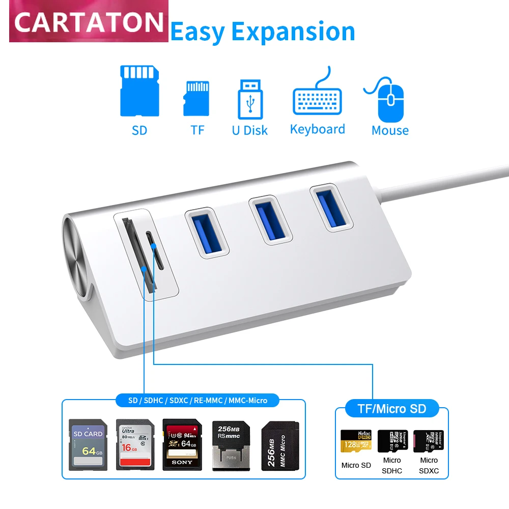 Cartaton OTG Aluminum 5 in 1 Hub USB 3.0 Transflash Secure Digital Memory Card Card Reader USB Hub 3.0