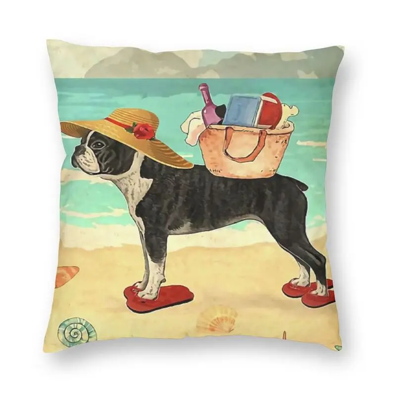 Vintage Boston Terrier Dog Pillow Case Home Decorative Beach Life Sandy Toes Salty Kisses Glossy Poster Cushion Cover Pillowcase