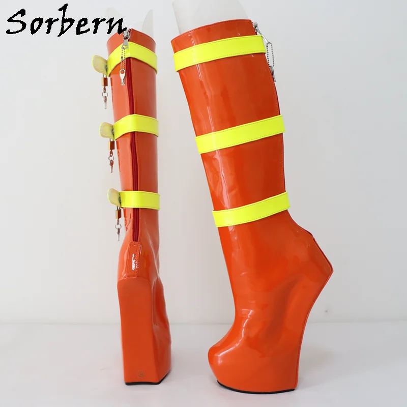 Sorbern Purple Custom Wide Slim Calf Boots Women Red Straps Lockable Keys Sexy Fetish Boots Bdsm High Heel Womens Ladies Boots