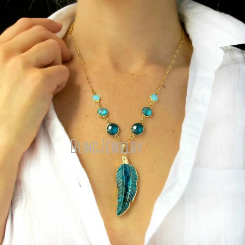 NM19055  Turquoises Jewelry Necklace Blue Sea Sediment Jaspers Feather  Round Bezel 