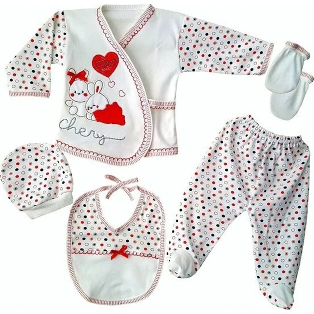 Newborn Baby Boys Girls Clothing Sets Tops Pants Bib Hat Gloves Printed Outfit Set Newborn Suit Gift 5 Parça