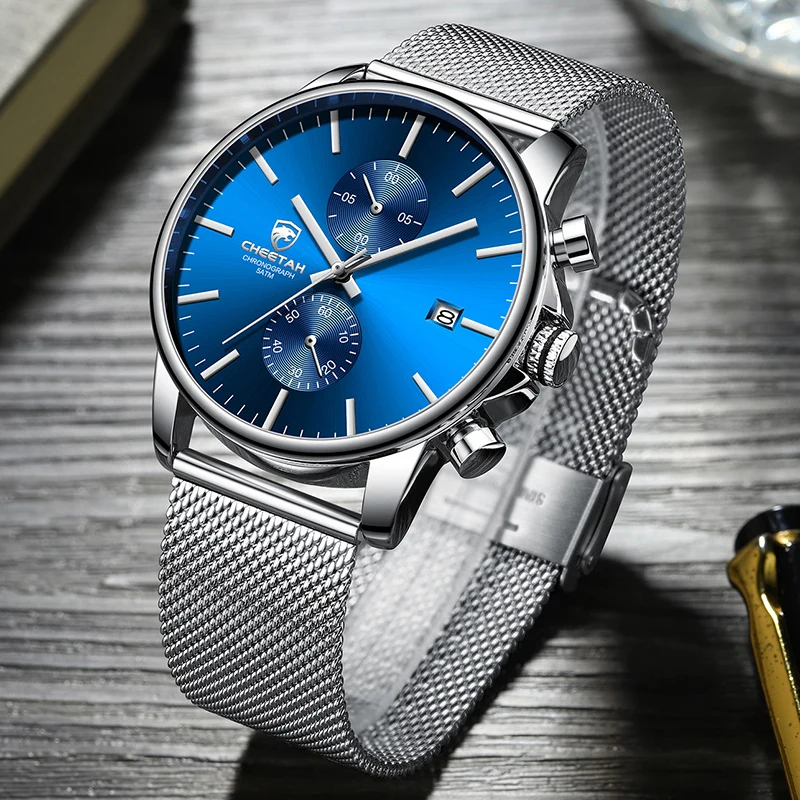 Men Watch New CHEETAH Top Brand Stainless Steel Waterproof Chronograph Watches Mens Business Blue Quartz Wristwatch reloj hombre