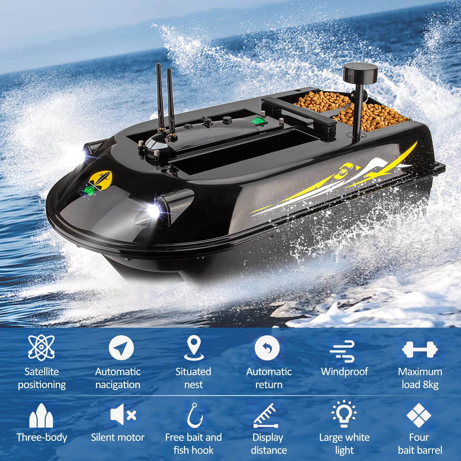 GPS RC Fish Bait Boat 8kg Load with 600M Remote Control Sea Fishing Bait Boat with Fish Finder Smart Fishing Remote Control Boat