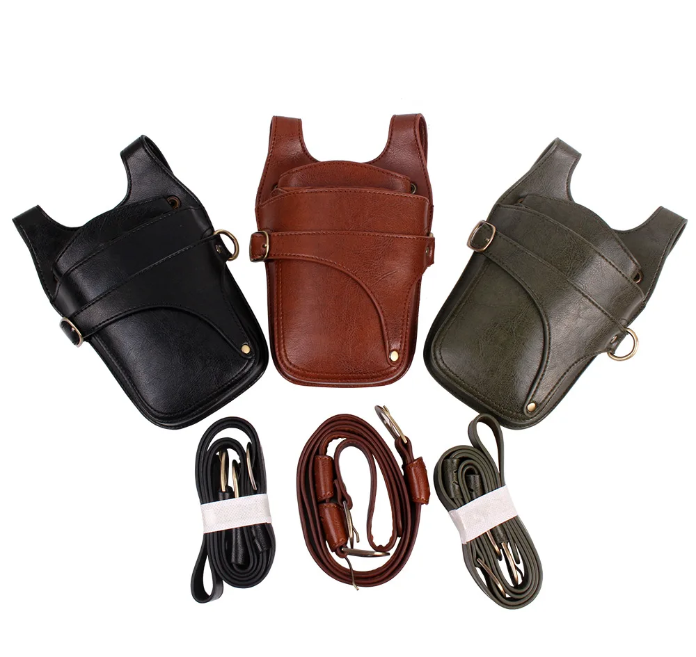 Genuine Leather Hair Scissor Bag Clips Bag Hairdressing Barber Scissor Holster Pouch Holder Case with Waist Shoulder Belt