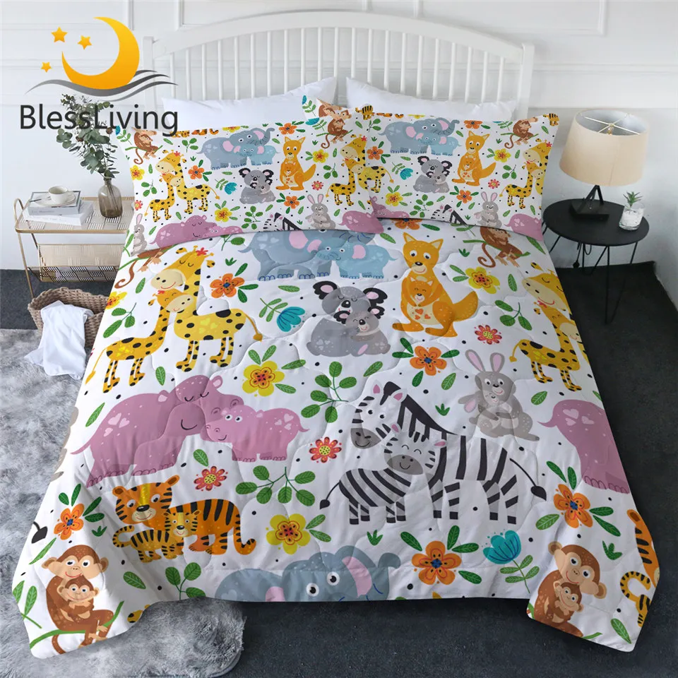 

BlessLiving Animal Summer Quilt Set Cartoon Kids Bedding 3pcs Funny Bedspreads Zebra Kangaroo Tiger Comfortable Couette De Lit